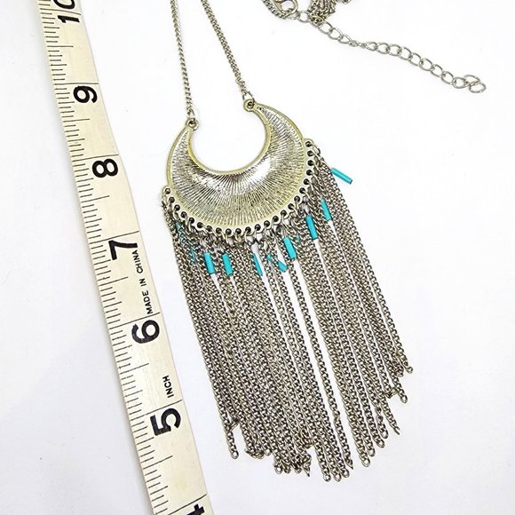 Southwest Tribal Modern Silver Long Fringe Turquoise Accent LONG 40" Necklace - Picture 5 of 7
